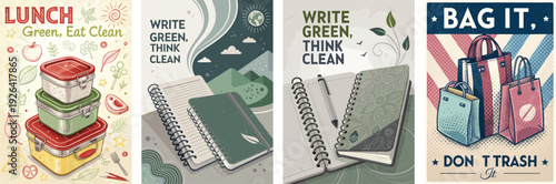 Colorful eco-friendly illustrations promoting sustainable living and clean eating.