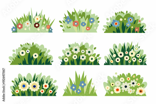 Colorful floral arrangements with grass and various wildflower designs