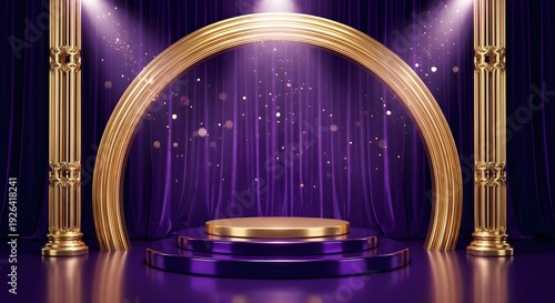 Luxurious 3D rendered presentation stage with golden arch, columns, and purple velvet backdrop, perfect for awards.