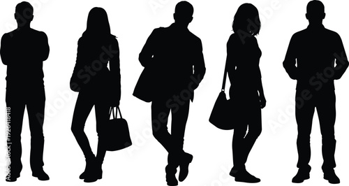 Diverse group of business people in casual professional attire with bags standing relaxed poses black silhouette vector illustration modern office fashion