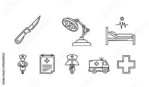 Hospital surgery and medical operation line icons vector set