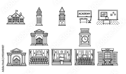 Education institution school academy outline icons vector set