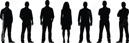 Diverse group of business professionals in casual formal shirts pants standing confidently black silhouette vector illustration corporate office team