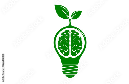Brain Lightbulb with Sprouting Leaf Sticker Silhouette. Creative Idea and Neurodiversity Mental Growth Concept Vector.