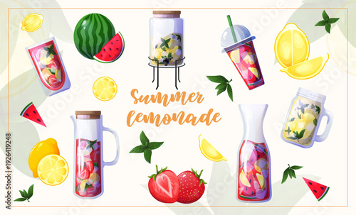 Large Lemonade-Themed Set. Beverage Design. Vector Illustration Design of a Glass for Cold Watermelon Lemonade. Vector Fruit Illustration. Fresh Mint. Plastic Cup Design with Lid and Straw for Drinks.