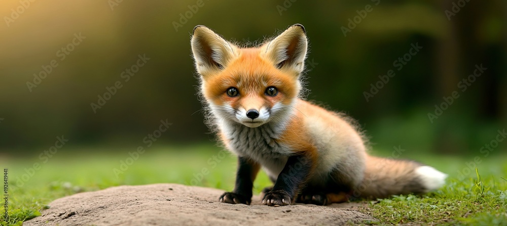 Fototapeta premium Adorable Baby Fox Cub with Fluffy Fur on a Green Meadow, Emphasizing Wildlife Conservation and Love