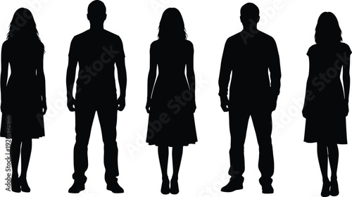 Diverse group of men and women in casual outfits, black silhouette figures lineup, dress jeans t-shirt poses, vector fashion illustration set