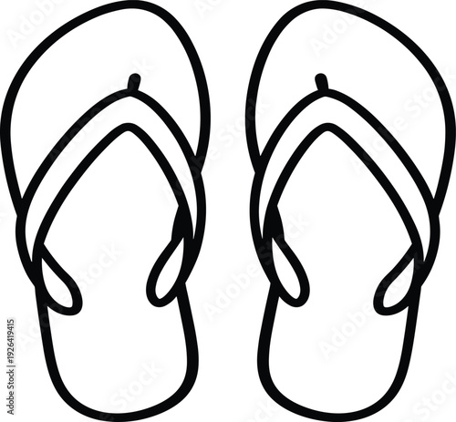 Black and white flip flops outline illustration, simple summer beach sandals line art icon isolated on white background, minimalist footwear graphic for travel and vacation design