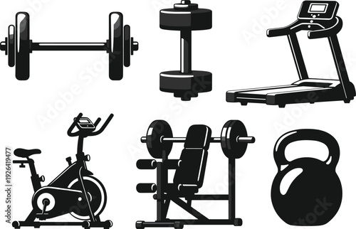 Black and White Vector Illustration Set of Gym Equipment Icons Including Barbell Dumbbell Treadmill Stationary Bike Bench Press and Kettlebell for Fitness Design
