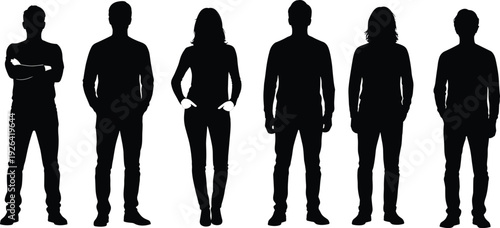 Diverse group of men and women in casual t-shirts jeans confident standing poses arms crossed hands pockets black silhouette vector illustration