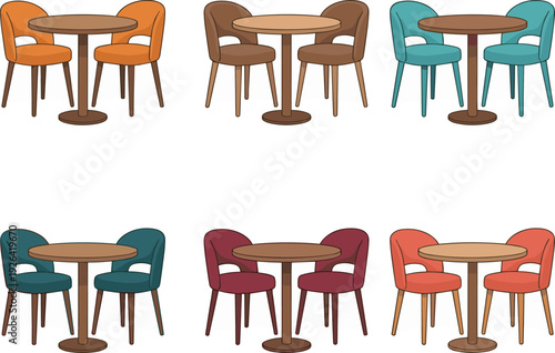 Colorful Cafe Furniture Vector Illustration Set Featuring Modern Round Wooden Tables and Upholstered Chairs in Various Colors for Restaurant Interior Design and Layout