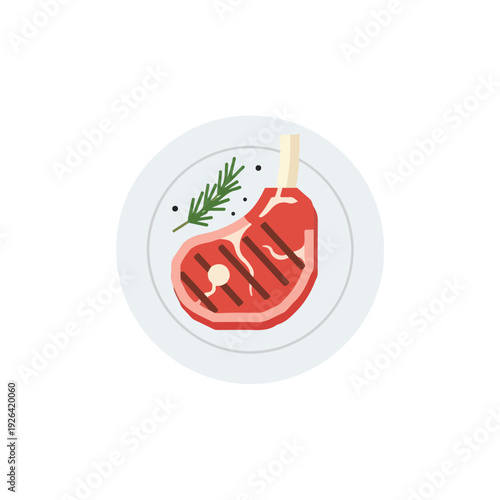 Grilled Steak on Circular Plate with Rosemary & Peppercorns, Fresh Flavor, Menu Illustration
