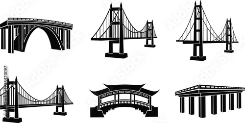 Bridge Architecture Silhouette Icon Set Including Suspension Bridge, Arch Bridge, Modern Cable Stayed Bridge, Traditional Covered Bridge, and Highway Overpass Infrastructure