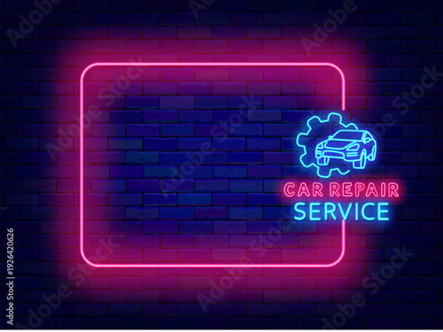 Car repair service neon greeting card. Auto transportation. Motor rally. Empty pink frame and car. Copy space. Editable stroke. Vector stock illustration