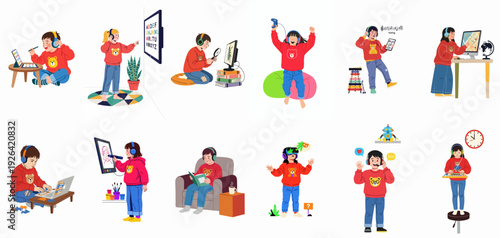 Children Engaged in Diverse Online Learning, Digital Activities, and Creative Play at Home, Embracing Modern Education and Entertainment.