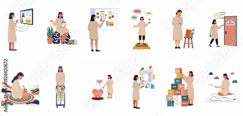 Mental health and self-improvement illustrations: emotional well-being, stress management, personal growth, and new beginnings for women.