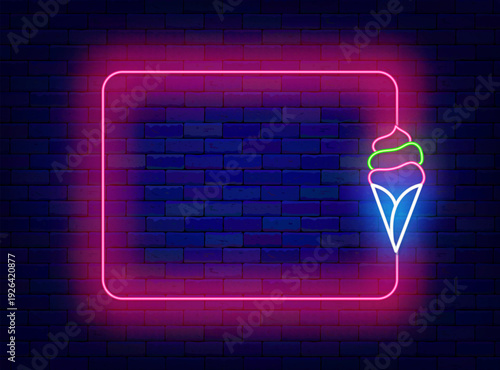 Ice cream bar neon gflyer. Sweet shop. Empty pink frame and milky cold cone. Copy space. Editable stroke. Vector stock illustration