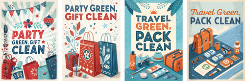 Colorful eco-friendly themed illustrations for gift and travel preparations.