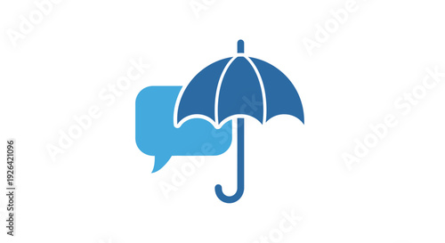 Blue umbrella with speech bubble icon.