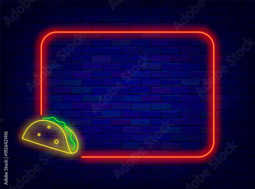 Tacos shop neon banner. Mexican traditional food. Empty red frame and taco. Editable stroke. Vector stock illustration