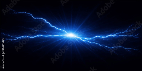 A glowing blue lightning flash creates a digital explosion of energy and light against the dark night sky, featuring magic motion lines and bright star effects for a tech wallpaper design