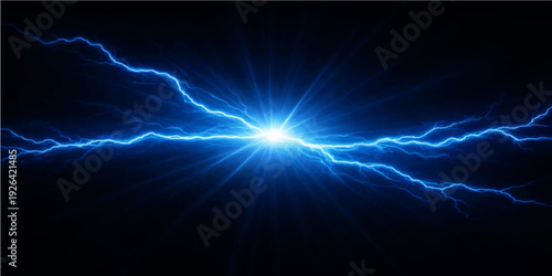 A glowing blue lightning bolt flashes through the dark night sky, creating a bright motion effect of magic energy against a black galaxy background of shining stars and celestial light