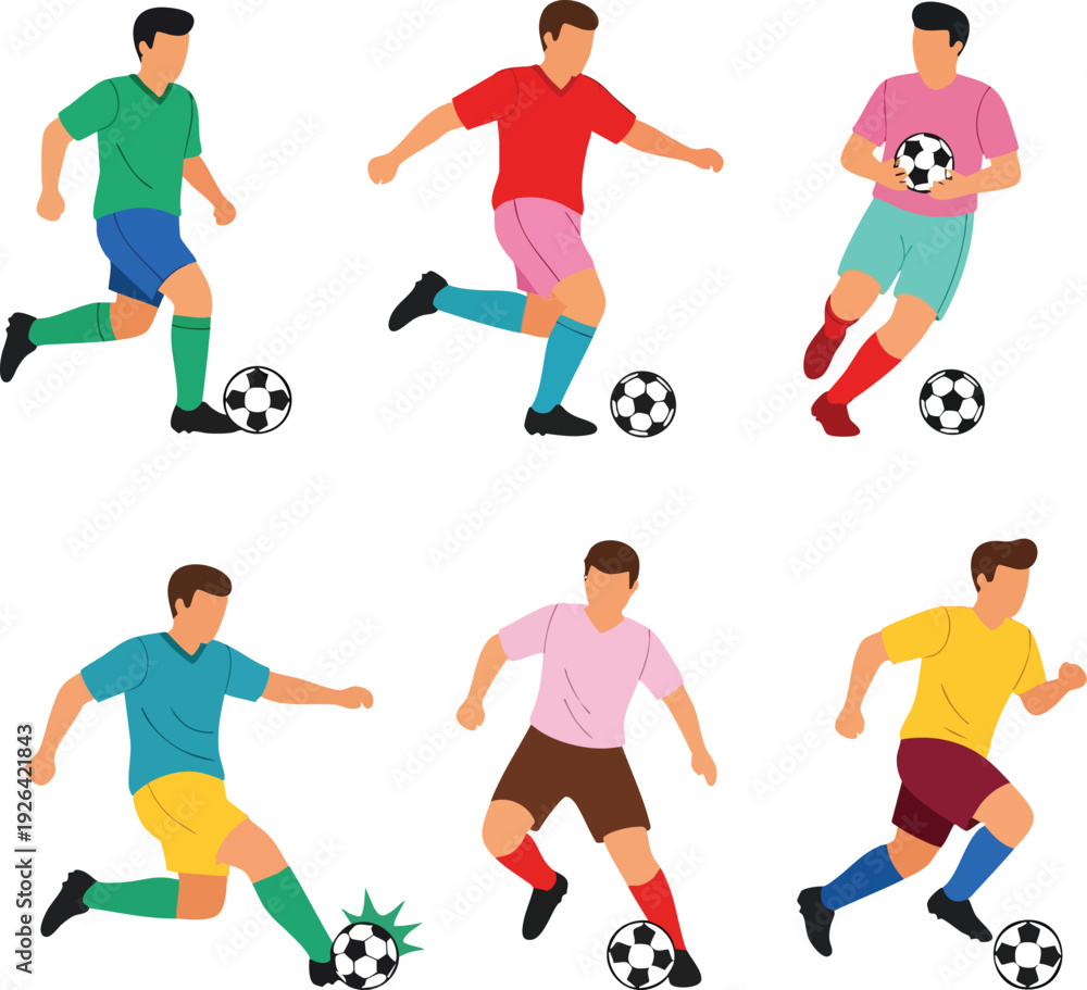Obraz premium Collection of soccer players in action flat vector illustration