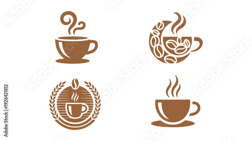 Creative collection of stylized coffee cup icons with steam and decorative elements