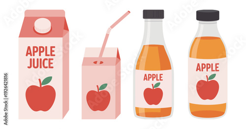 Apple Juice Packaging Vector, Carton Box, Bottle, and Drink Pack with Fresh Fruit Beverage Illustrations for Branding and Product Design.