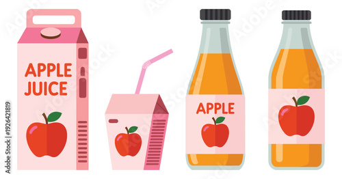 Apple Juice Packaging Vector, Carton Box, Bottle, and Drink Pack with Fresh Fruit Beverage Illustrations for Branding and Product Design.
