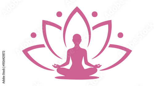 Serene meditation pose within a stylized pink lotus flower illustration