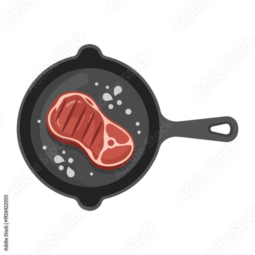 Sizzling steak in a frying pan on a white backdrop, illustration of cooking process