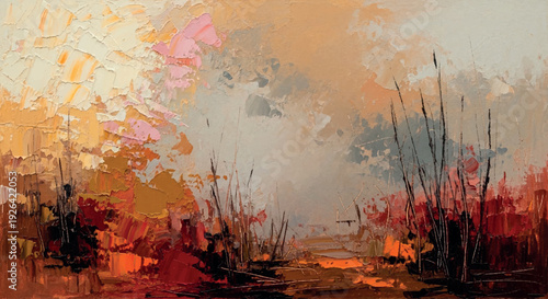 Abstract impressionist landscape painting with warm orange red tones and textured brushstrokes