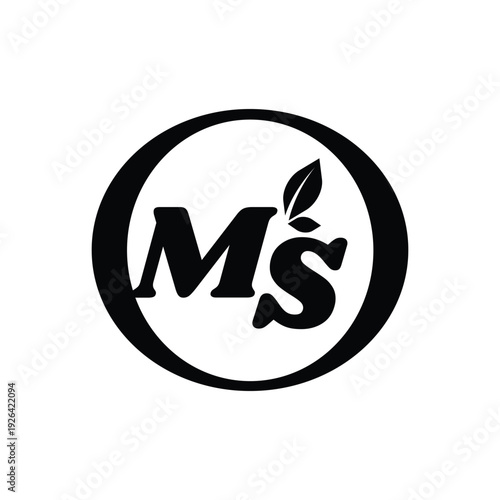 Elegant MS logo enclosed in a circle with a subtle leaf motif. Sophisticated black and white emblem for organic or natural brands.