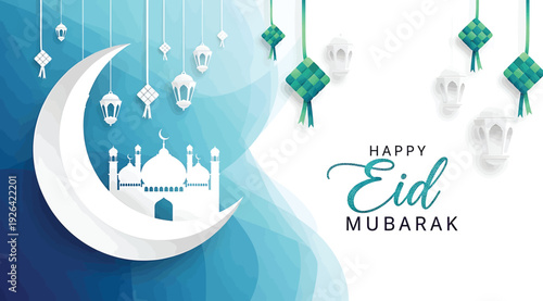 Happy eid mubarak greeting card with crescent moon and mosque illustration on blue background with hanging lanterns and ornaments