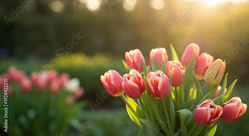 A Beautiful Fresh Tulip Bouquet Basking in a Golden Sunset, a Perfect Spring Color Symphony