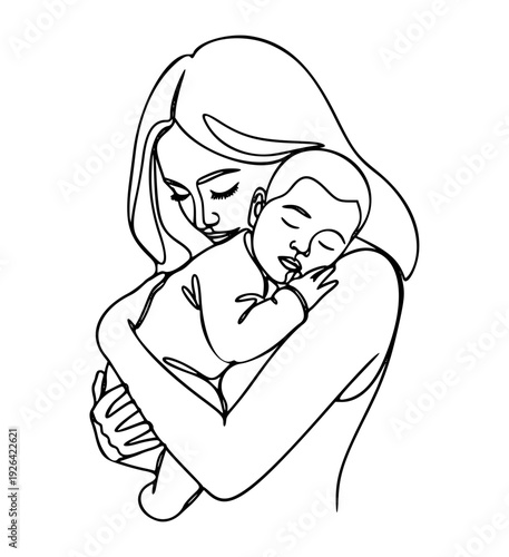 Intimate Line Art Illustration of Mother Hugging Sleeping Baby