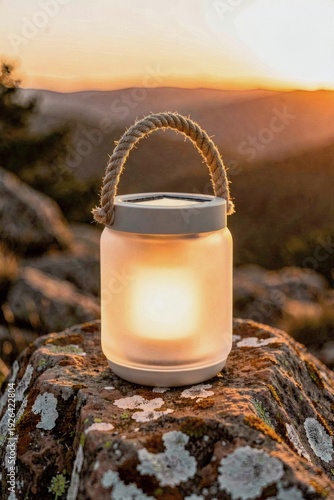 Portable solar lantern with rope handle on rock at sunset