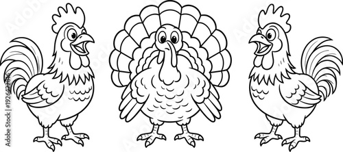Hand Drawn Vector Illustration Set of Cute Cartoon Rooster and Turkey Characters in Line Art Style for Kids Coloring Book and Farm Animal Education