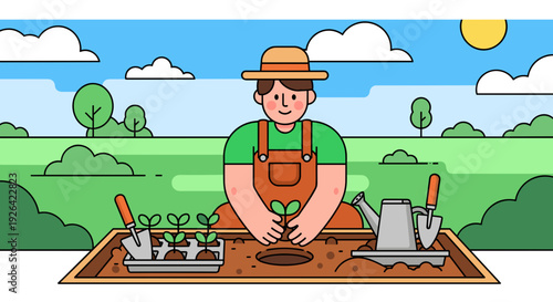 Gardener Planting a Young Seedling Carefully.