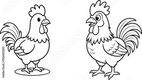 Hand Drawn Vector Illustration Set of Two Cute Cartoon Rooster Characters in Line Art Style for Kids Coloring Book and Farm Animal Education