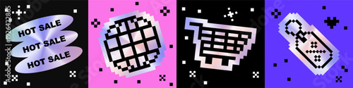 Holographic pixel ecommerce icons. Bold retro style hot sale sticker, global web icon, shopping cart, discount percent tag. Y2K cyber elements for online shopping, retail promotion, digital marketing