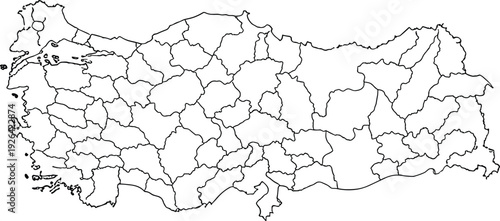 Blank Turkey Map with Administrative Provinces Outline Isolated on White Background for Infographic Design Travel Presentations and Geography Educational Illustration Projects