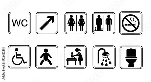 Collection of bathroom signs indicating various facilities and user guidelines in public restrooms.