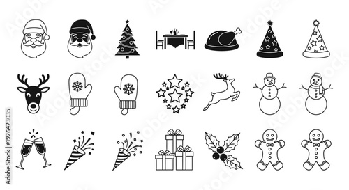 Collection of Christmas-themed illustrations featuring festive icons and characters in a simple, black-and-white style.
