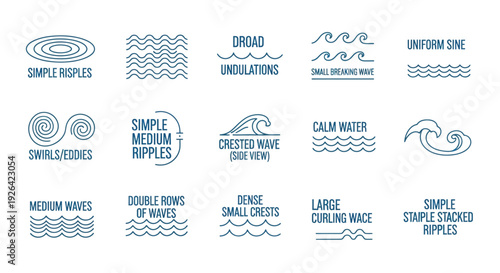 Various ocean wave illustrations showcasing different types of waves and ripples in a collection of simple and complex designs.