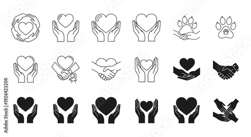 Collection of hand and heart icons in various styles and designs, showcasing love and care