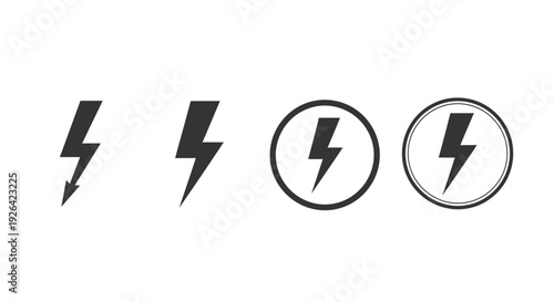Set of four distinct black lightning bolt symbols varying in style and enclosure within circles on a plain background