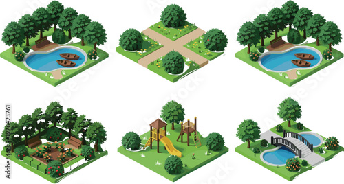 Isometric set of city park landscape elements with garden pond boats wooden bridge playground slide flower beds trees and benches for map design