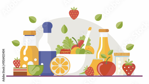 Colorful illustration of fresh fruits juices and a chef s hat